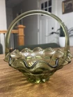 VTG Ruffled Edge Green Glass Large Glass Basket