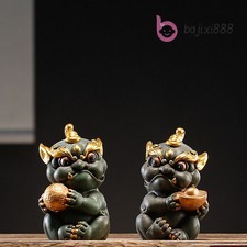 Coppia di Pietre Sabbia Verde Auspicio Pixiu Tea Pet Statua Decorazione Scrivania