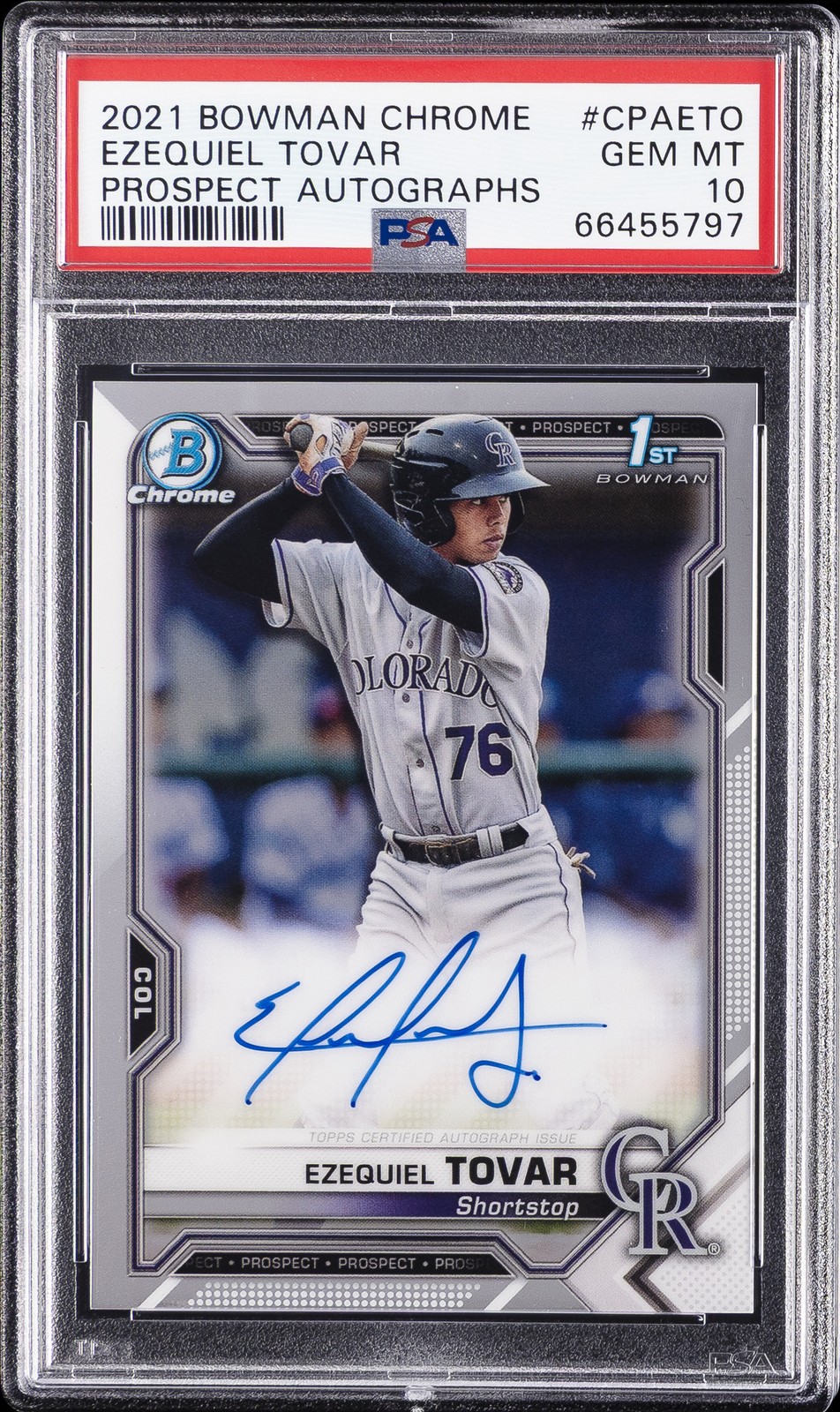 2021 BOWMAN CHROME PRSPCT AUTOS #CPAETO EZEQUIEL TOVAR PSA 10 AUTO