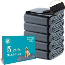 5 Pack Washable Dog Pee Pads - 34x36 Anti-Slip & Quick Dry Reusable Pet Pads