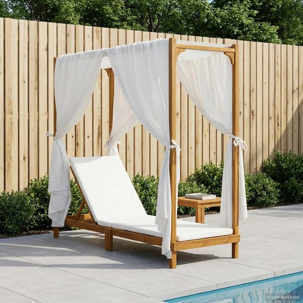 Einzelne Sonnenliege Mit Sonnendach Und VorhäNgen In Creme FüR Garten Terrasse-image