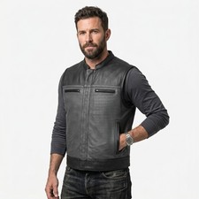 Men s Black Leather Biker Vest Perforated Motorcycle Waistcoat Zip Front