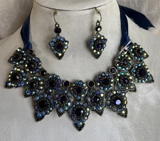 Park Lane Nightingale Necklace Earrings Antique Gold Tone Blue Crystals Vintage
