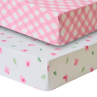 2-Pack Fitted Crib Sheets Microfiber Fits 28'' x 52'' Mattress Gingham & Petals