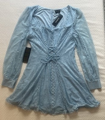 Bebe Women s Lace Corset Detail Dress Long Sleeve Blue Size XL NWT $169