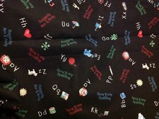 OOP RAGGEDY ANN/ANDY CHALKBOARD ON BLACK COTTON FABRIC FQ - 18"X22"