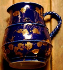 Antique COBALT BLUE CREAMER Gold Floral Birds HAND PAINTED Japan Porcelain