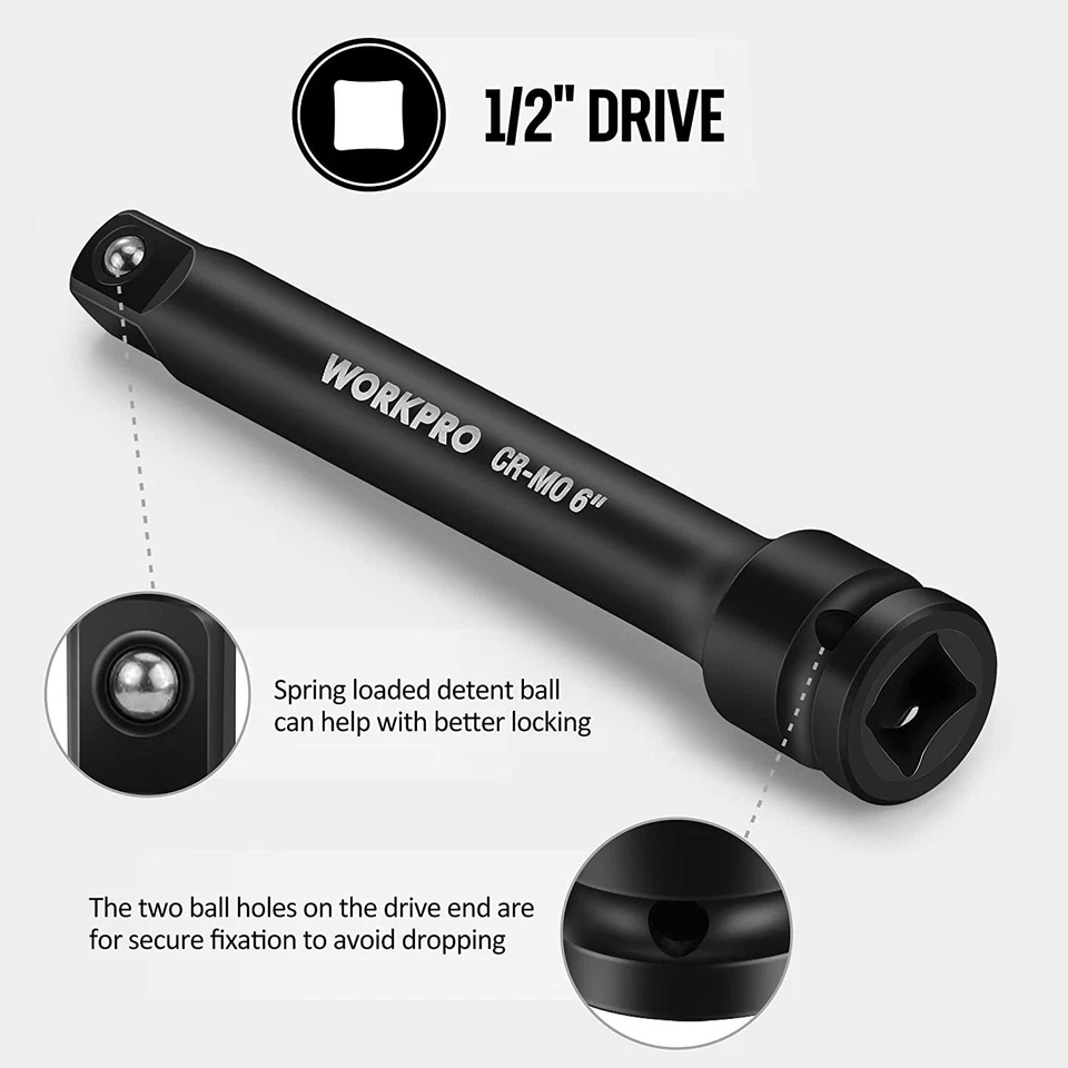 WORKPRO 1/2" Drive Impact Extension Bar Set 3 Pieces 3 6 8 Inch Socket Extension - Image 4 of 4