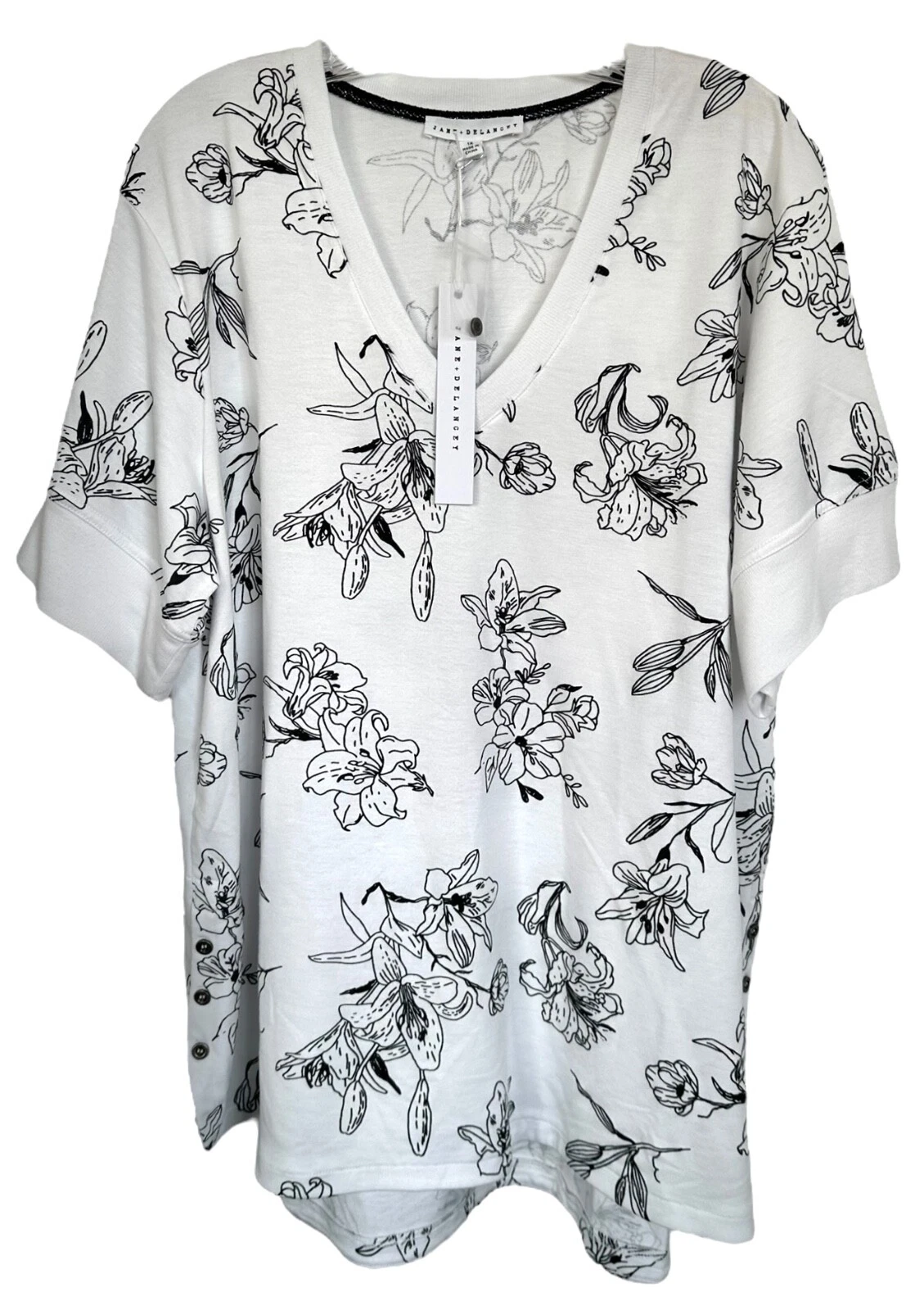 Jane & Delancey Women's Floral V-Neck Blouse Short Sleeve Plus Size 1X White