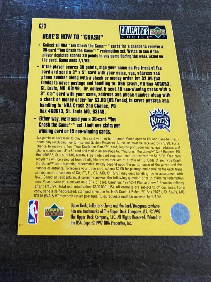 1997 Upper Deck Basketball Card #C23 Mitch Richmond You Crash the Game (H6) - Image 2 of 2