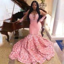 Elegant Evening Gown Mermaid V-Neck Pink Applique Lace 3D Floral Prom Dress