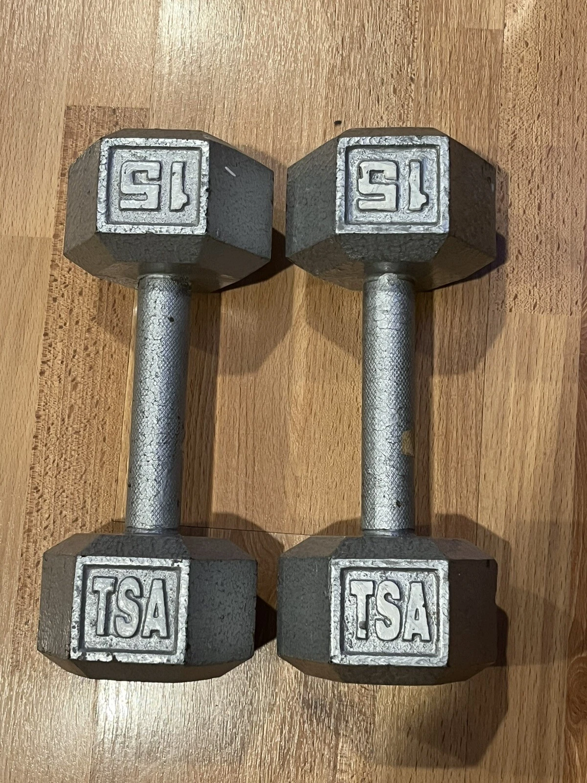 Vintage Pair of TSA 15 Lbs Dumbbell Cast Iron Hex Weight-30lbs Total Lbs