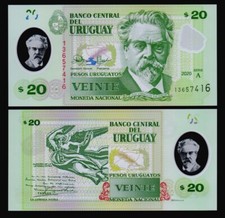URUGUAY: B560a  P#new 20 Pesos Uruguayos 2020 Series A Polymer Banknote.