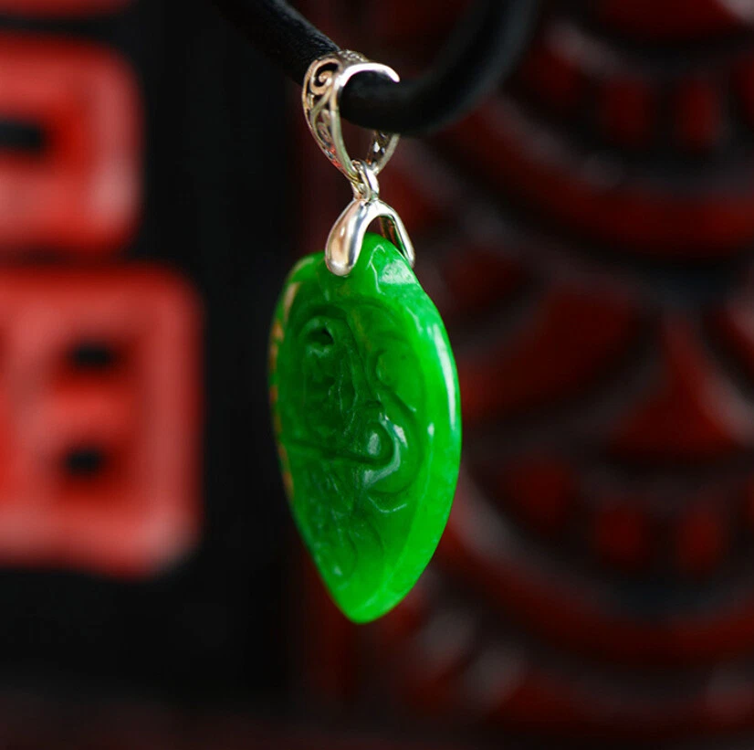 K09 Ciondolo A Cuore In Giada Verde Intagliato In Argento Sterling 925 - Immagine 3 di 4