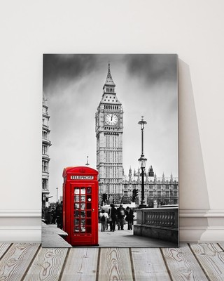 Big Ben in London. Black and white with colour phone box. Canvas picture print.