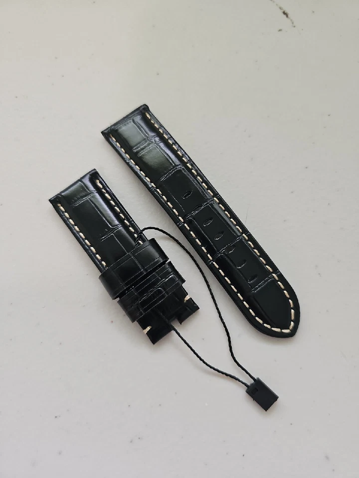 Panerai Watch 24mm OEM Black Alligator Watch Strap Beigh Stitch for Tang Buckle  - Image 2 of 4