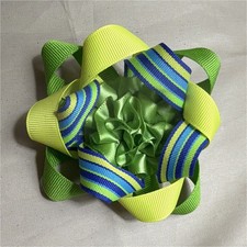Girls Grosgrain Ribbon Hair Clip Bow, Green Yellow Blue Striped, Party