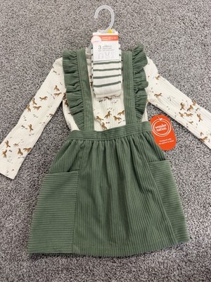 wonder nation Green 3 Piece Corduroy Pinafore and Striped Tights Set 3T