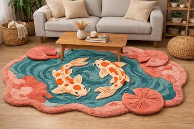 Hand Tufted Koi Fish Pond Rug Pink Blue Artistic Irregular Shape Area Rug