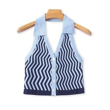 NWT Women's Blue Halter Neck Knitted Waistcoat Ladies Zigzag Patterned Top XS