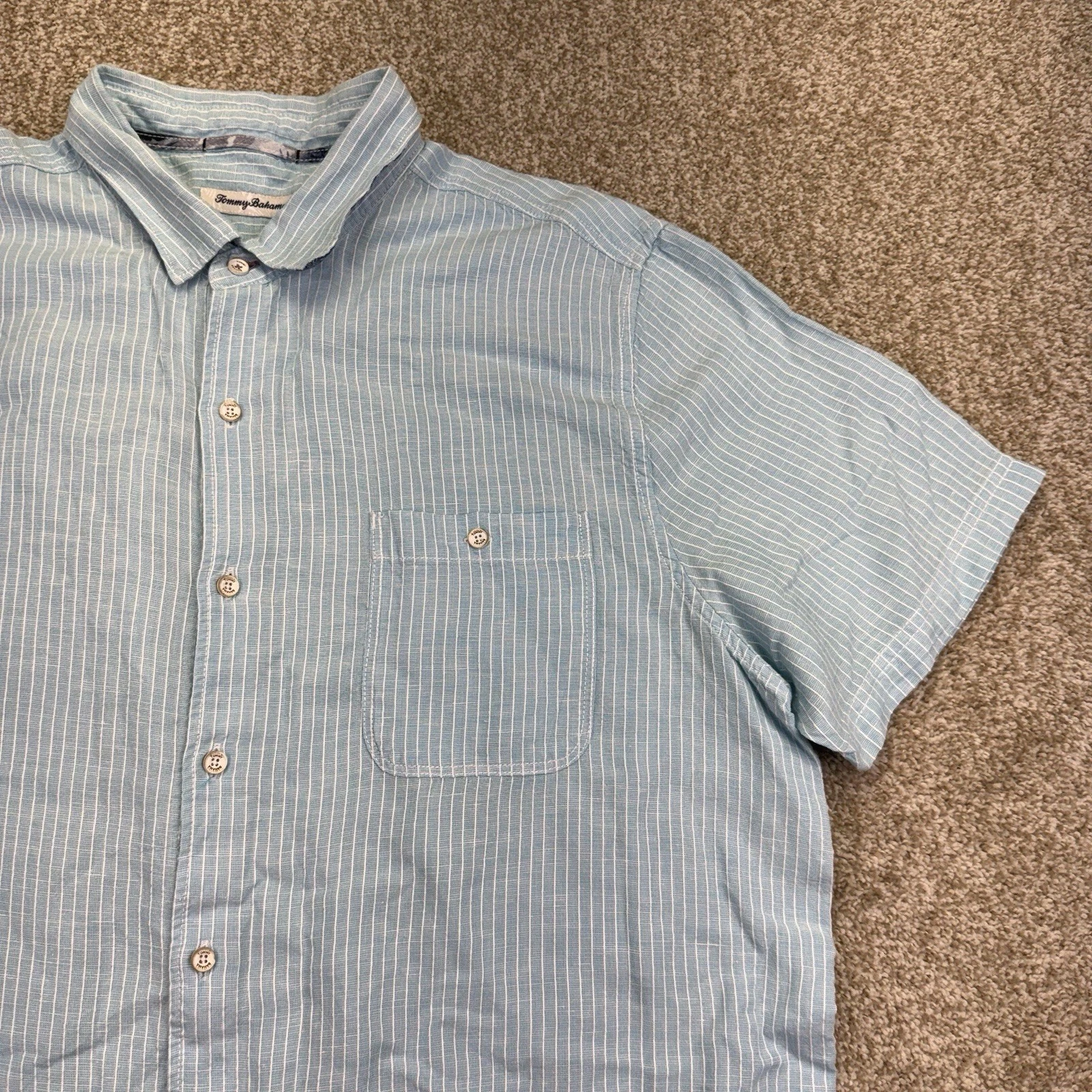 Tommy Bahama Button Up Linen Shirt Mens Size XL Blue Stripe Short Sleeve