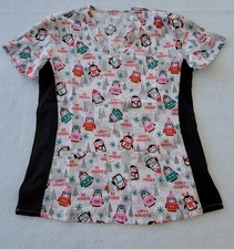 Divine Stretch Scrubs Uniform Christmas Penguins Print Nurse Healthcare Top S