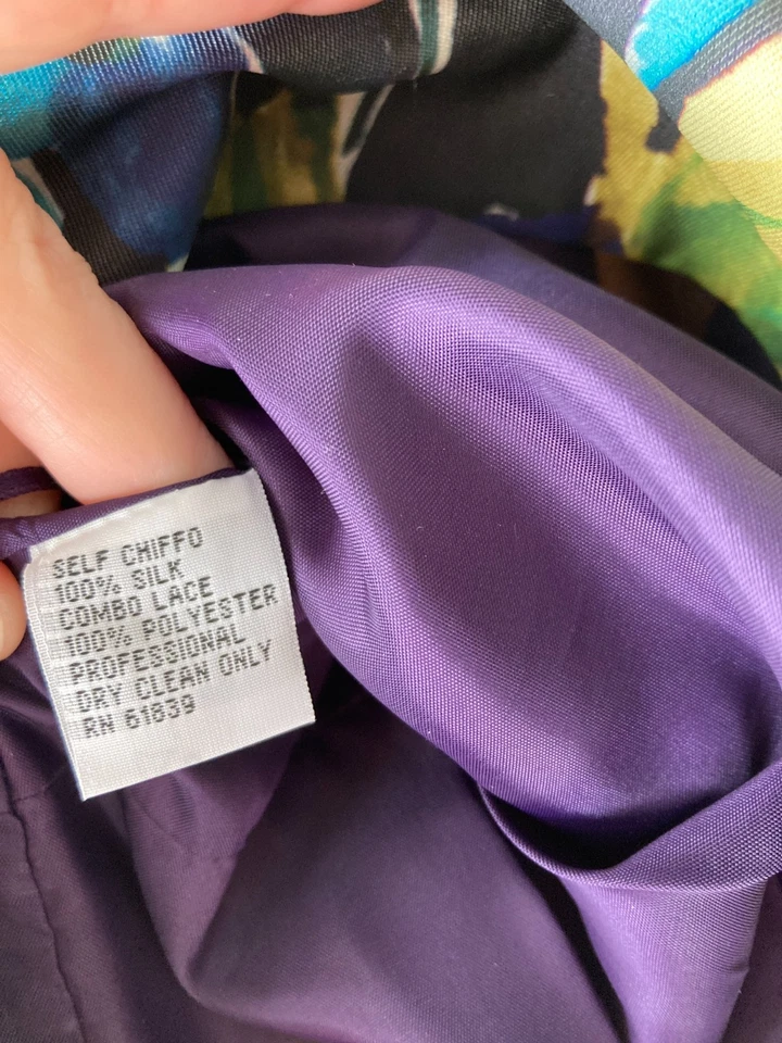 Rickie Freeman Teri Jon 真丝连衣裙 6 热带花卉蕾丝袖派对鸡尾酒 — 第 4/4 张图片