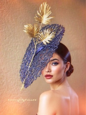 Aimee Fuller Gold Palm Royal Ascot Fascinator Big Kentucky Derby Hat Navy Blue