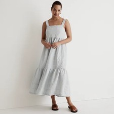Madewell Cicely Tiered Midi Dress Patchwork Striped Earthsea Seersucker Blue 2