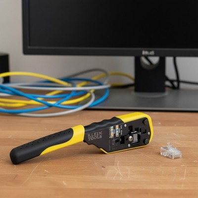 All-in-One Ratcheting Crimper & 50 Pack of Pass-Thru Connectors for Data Cables