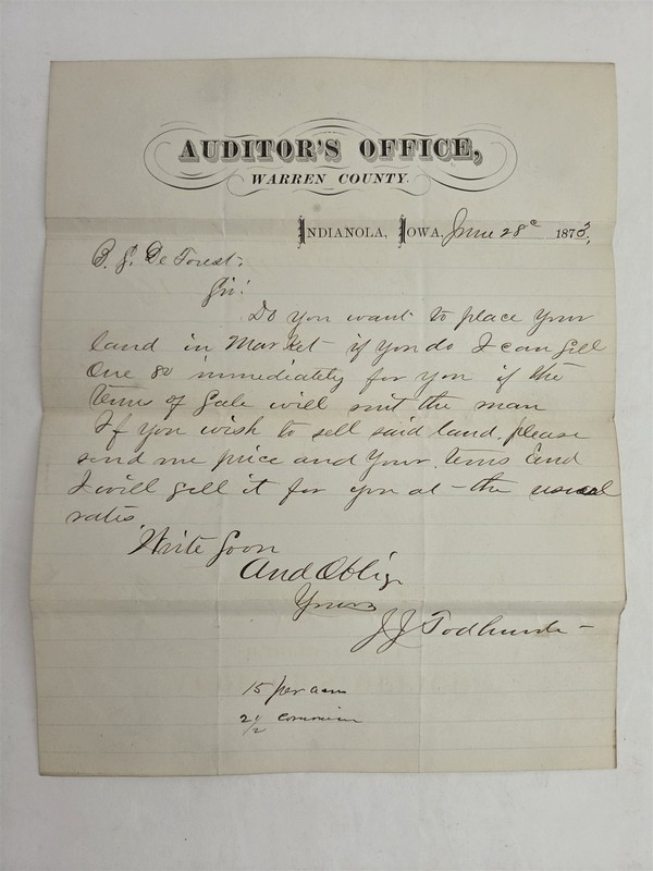 1870 antique WARREN COUNTY AUDITOR indianola ia LAND sale LETTER B.J. DEFOREST