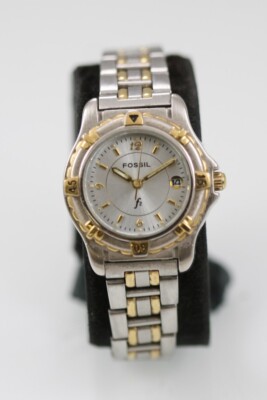 Fossil F2 Watch Women Stainless Steel Silver Gold WR Battery Date White ...