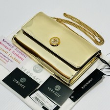 Versace Crystal Medusa Mirror Finish Leather Wallet On Chain WOC Clutch Gold NWT