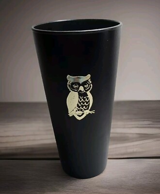 Vintage 70s Black Tumbler Cup 6 Inch Tall Black Plastic Gold Owl Bar Ware