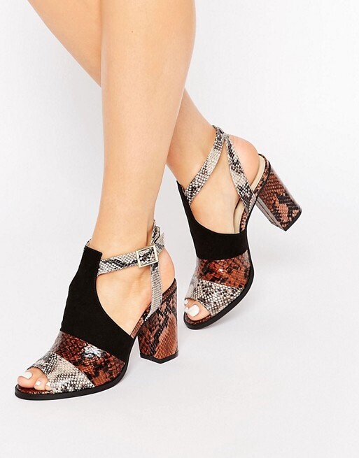 London Rebel Womens Black Brown Snake Print Block Heel Strappy