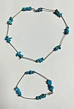 Southwestern SS Turquoise Nugget Bar Bead Necklace + Bracelet Set  [072GRW]