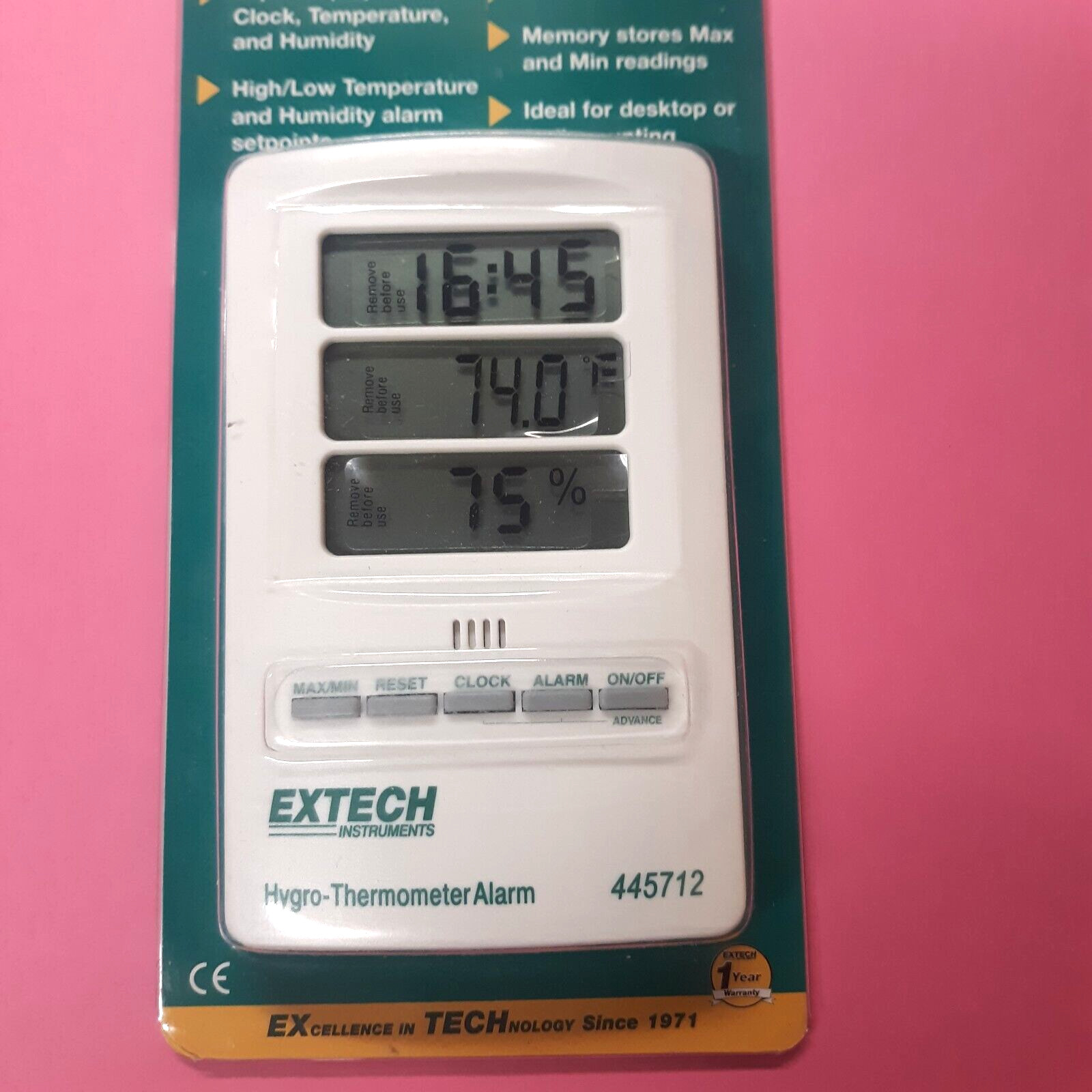 Extech Digital 445712 Hygro Thermometer Clock plus Alarm new in original package