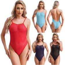 Women High Cut One Piece Swimsuits See Through Mesh Bodysuit Backless Leotards