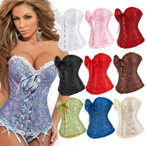 Women Overbust Boned Corset Tops Burlesque Waist Cincher Lace Up Bustier Costume - Picture 1 of 32