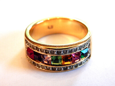 Vintage Signed LS Louis Stern Designer Ring Multicolor Rhinestone Band Size 
