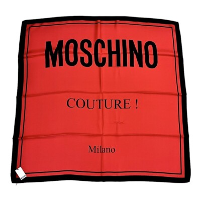 Moschino Women Scarf Shawl Stole Black Red Logo Silk 90x90 MADE IN ITALY NEW!