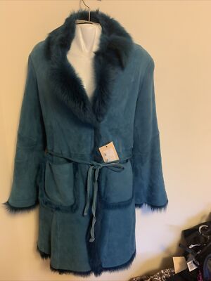 NWT Women s Salco Genuine Shearling Coat Italy Cyan Blue Color Size 44/8 