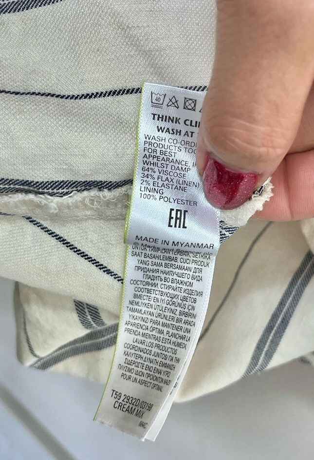 OFF WHITE Abito midi M&S COLLEZIONE bianco a righe misto lino misto crema taglia UK 12