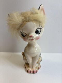 Vintage Ceramic Big Eye Cat Figurine Kitten Fur Hair Mid Century Kitsch Decor