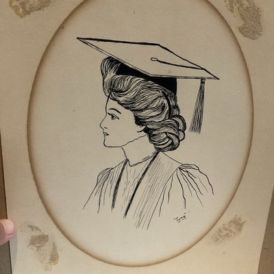 Vintage Woman Profile Portrait Pencil Drawing  June  Graduation Cap & Gown