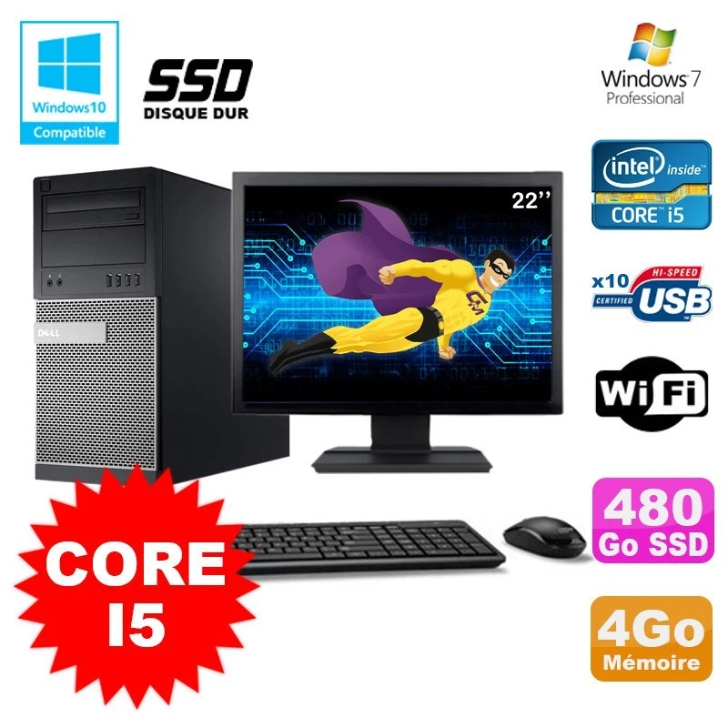 Lot PC Tour Dell 790 Core I5 3.1Ghz 4Go 480Go SSD DVD WIFI Win 7 + Ecran 22" - Photo 1/1