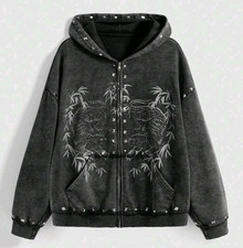 New Luxury Men Women Diamond Tiger Rhinestones Rivet Zip Hoodie High Quality