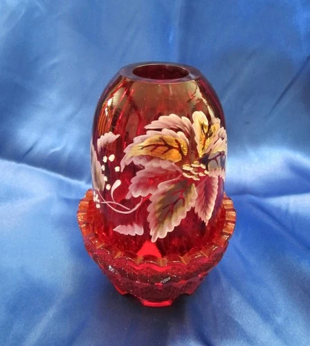 FENTON CRANBERRY RED GLASS CANDLE FAIRY LAMP VOTIVE *HAND PAINTED FLOWERS!SIGNED