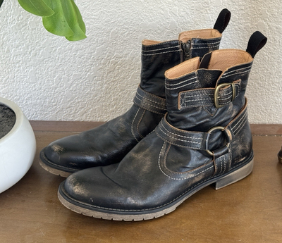 #ad BED STU Harness Boots Mens 9 Brown Distressed Leather Strap Buckle Ankle Zip $139.98