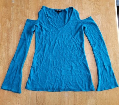 EUC Roz & Ali teal blue cold shoulder sweater top blouse shirt